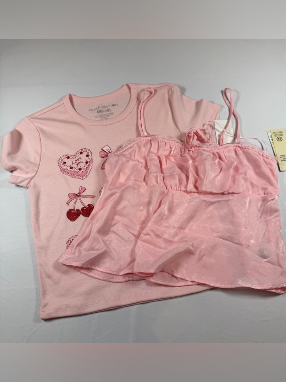 BUNDLES!!! Pink Layered Satin Cami & Graphic Tee Set MEDIUM